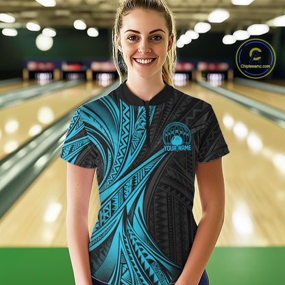 Custom Black And Turquoise Tribal Bowling Women Quarter-Zip Shirt, Bowling League Shirt IPHW12476