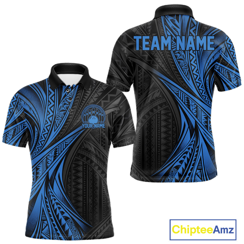 Custom Black And Blue Tribal Pattern Bowling Team Men Polo Shirt, Bowling League Shirt IPHW12477
