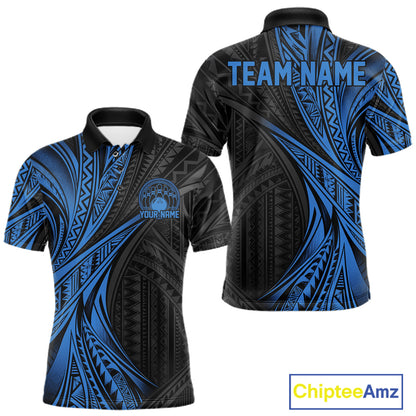 Custom Black And Blue Tribal Pattern Bowling Team Men Polo Shirt, Bowling League Shirt IPHW12477