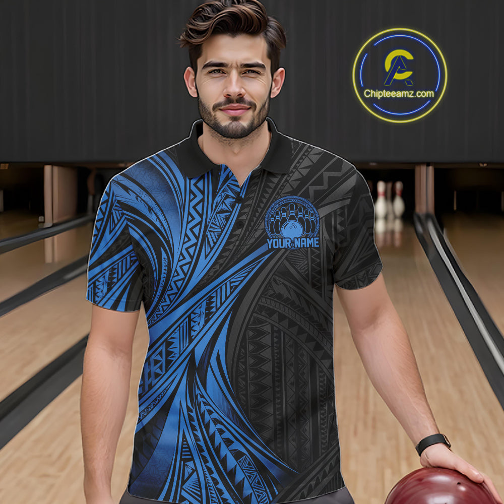 Custom Black And Blue Tribal Pattern Bowling Team Men Polo Shirt, Bowling League Shirt IPHW12477