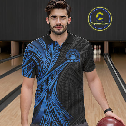 Custom Black And Blue Tribal Pattern Bowling Team Men Polo Shirt, Bowling League Shirt IPHW12477