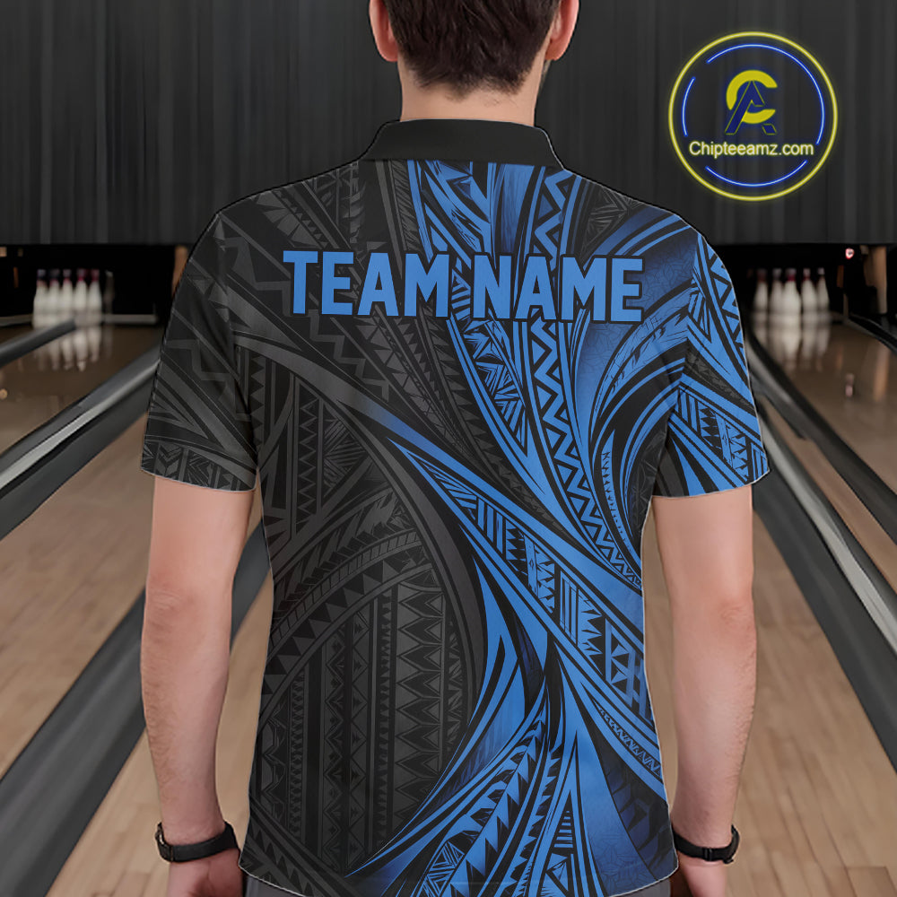 Custom Black And Blue Tribal Pattern Bowling Team Men Polo Shirt, Bowling League Shirt IPHW12477