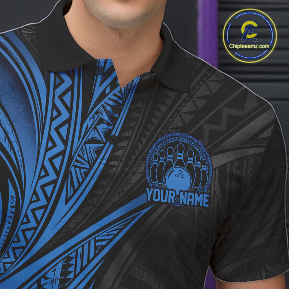 Custom Black And Blue Tribal Pattern Bowling Team Men Polo Shirt, Bowling League Shirt IPHW12477