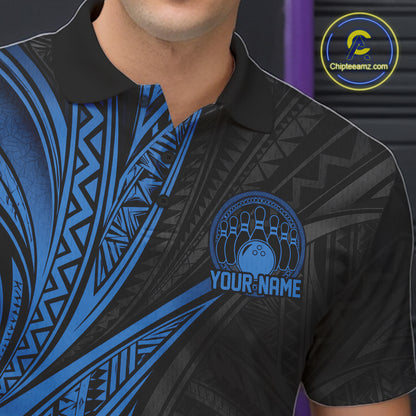 Custom Black And Blue Tribal Pattern Bowling Team Men Polo Shirt, Bowling League Shirt IPHW12477