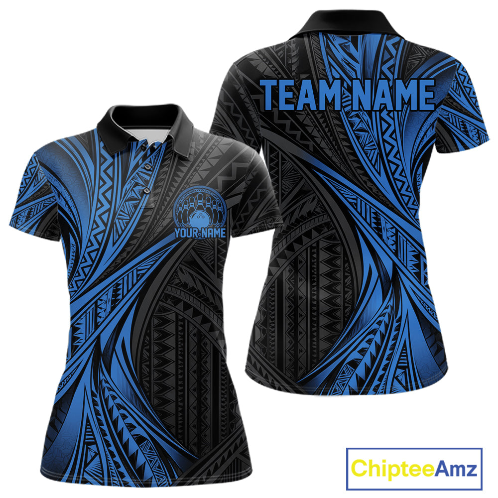 Custom Black And Blue Tribal Pattern Bowling Team Women Polo Shirt, Bowling League Shirt IPHW12477