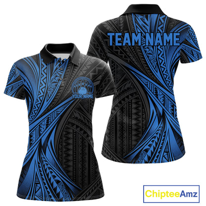 Custom Black And Blue Tribal Pattern Bowling Team Women Polo Shirt, Bowling League Shirt IPHW12477