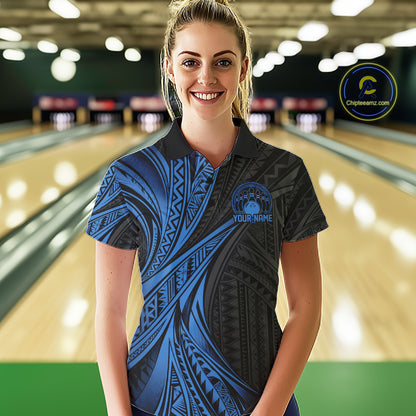 Custom Black And Blue Tribal Pattern Bowling Team Women Polo Shirt, Bowling League Shirt IPHW12477