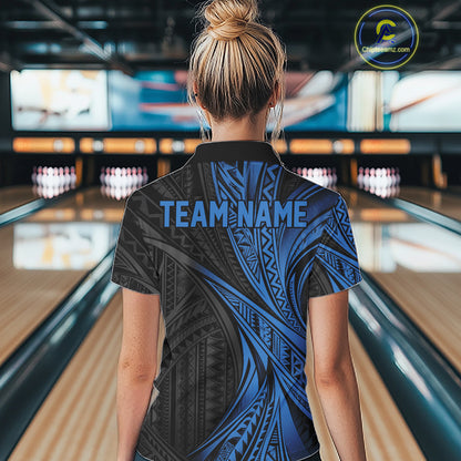 Custom Black And Blue Tribal Pattern Bowling Team Women Polo Shirt, Bowling League Shirt IPHW12477