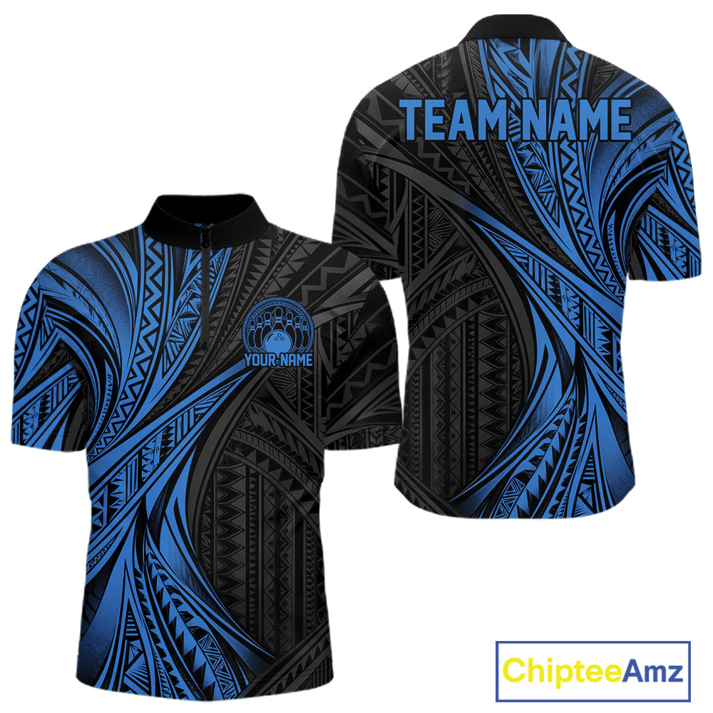 Custom Black And Blue Tribal Pattern Bowling Team Men Quarter Zip Shirt, Bowling League Shirt IPHW12477