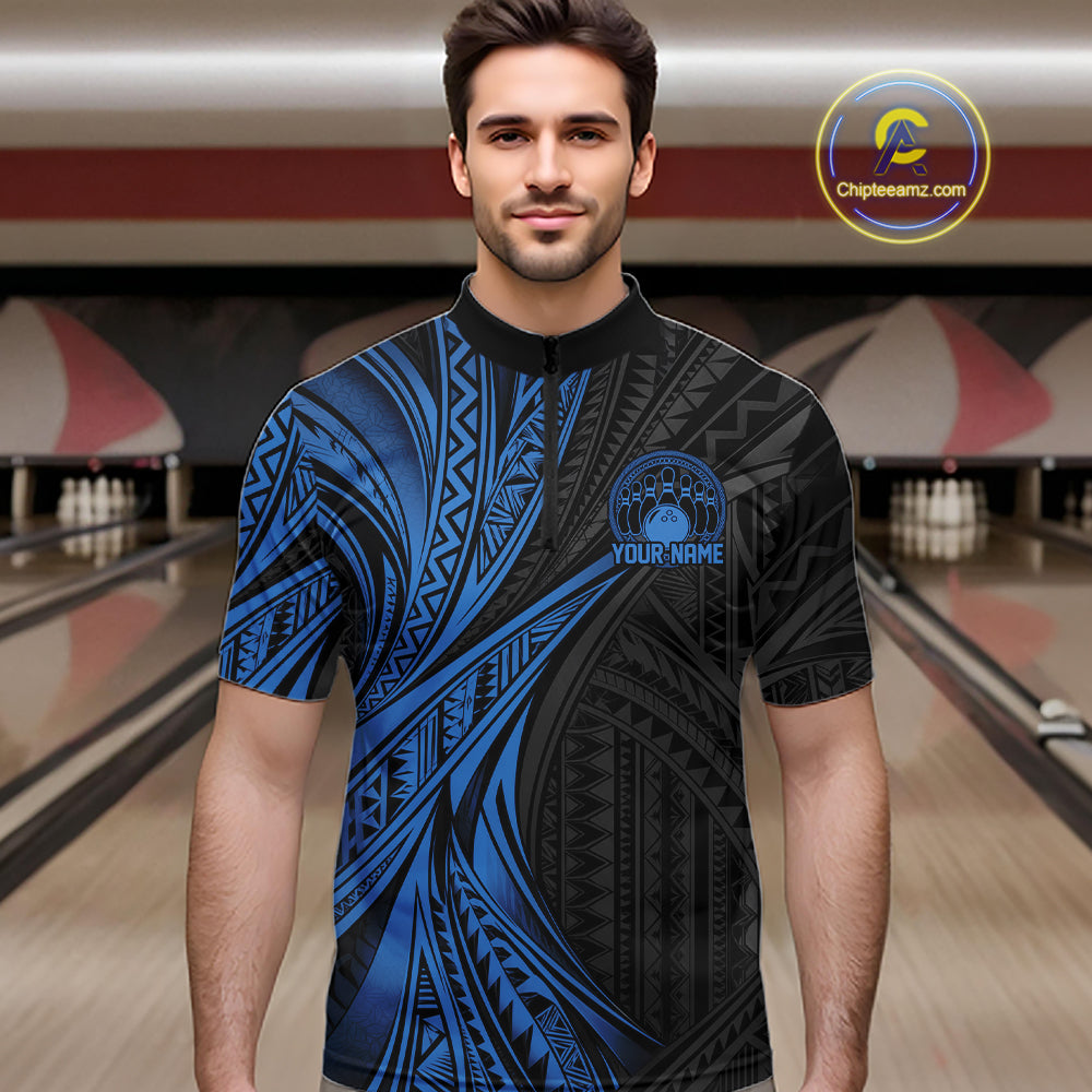 Custom Black And Blue Tribal Pattern Bowling Team Men Quarter Zip Shirt, Bowling League Shirt IPHW12477