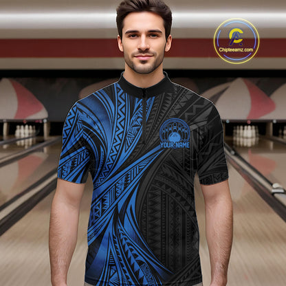 Custom Black And Blue Tribal Pattern Bowling Team Men Quarter Zip Shirt, Bowling League Shirt IPHW12477