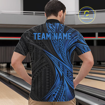 Custom Black And Blue Tribal Pattern Bowling Team Men Quarter Zip Shirt, Bowling League Shirt IPHW12477