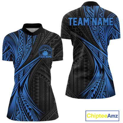 Custom Black And Blue Tribal Bowling Team Women Quarter-Zip Shirt, Bowling League Shirt IPHW12477