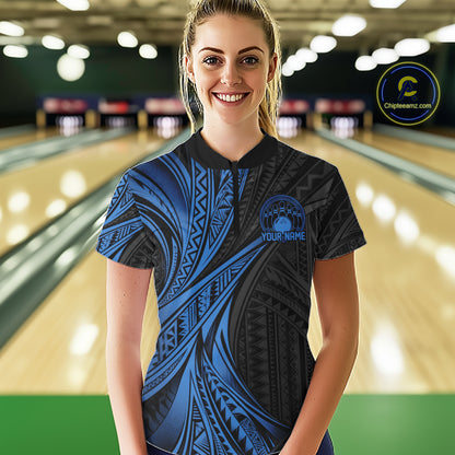 Custom Black And Blue Tribal Bowling Team Women Quarter-Zip Shirt, Bowling League Shirt IPHW12477