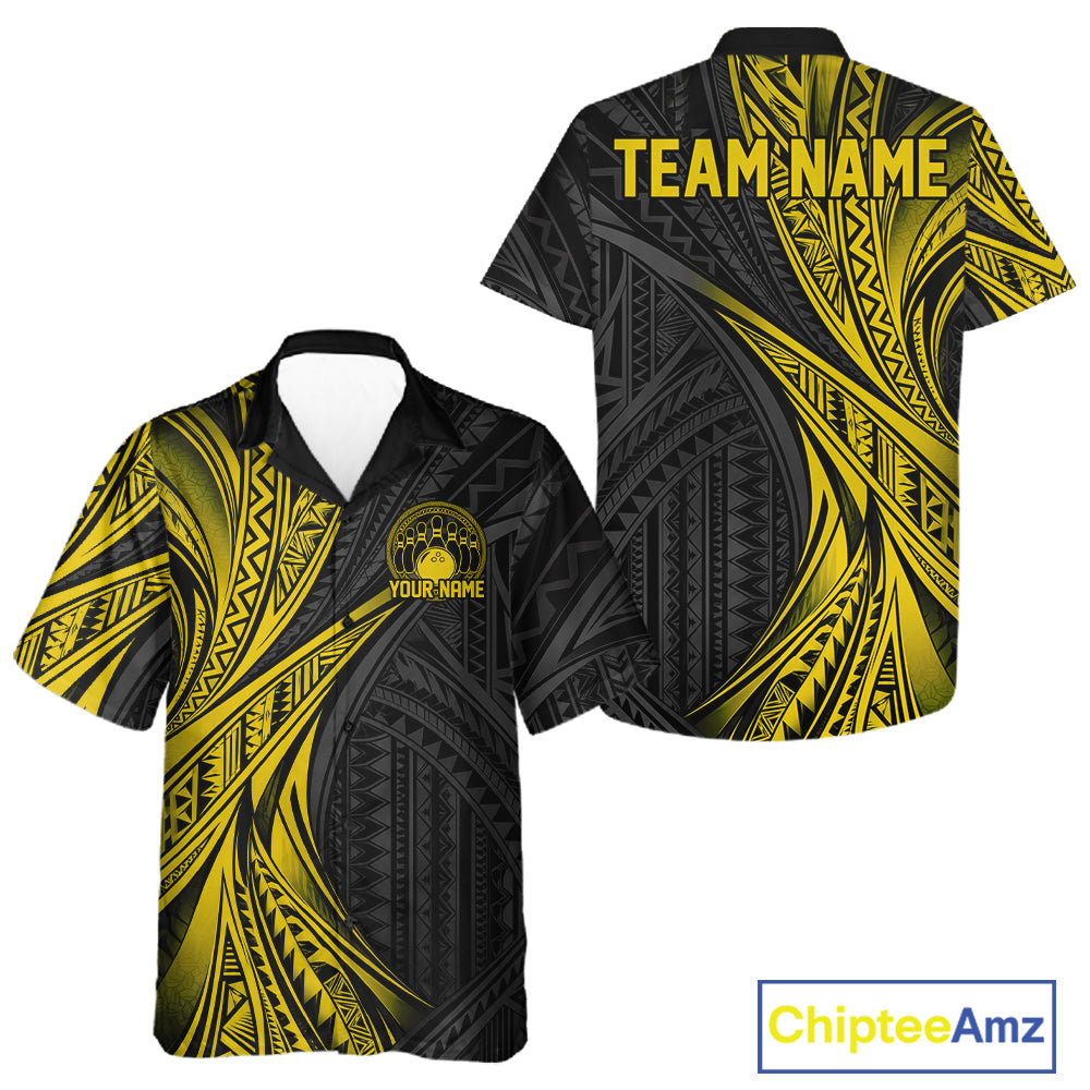 Custom Black And Gold Tribal Pattern Bowling Team Men And Women Button Up Shirt, Bowling League Shirt IPHW12478