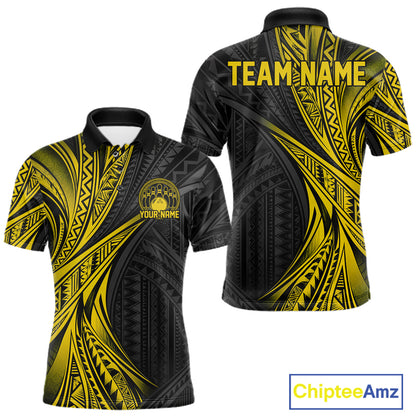 Custom Black And Gold Tribal Pattern Bowling Team Men Polo Shirt, Bowling League Shirt IPHW12478