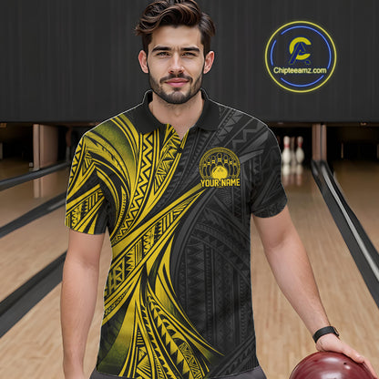 Custom Black And Gold Tribal Pattern Bowling Team Men Polo Shirt, Bowling League Shirt IPHW12478