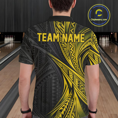 Custom Black And Gold Tribal Pattern Bowling Team Men Polo Shirt, Bowling League Shirt IPHW12478
