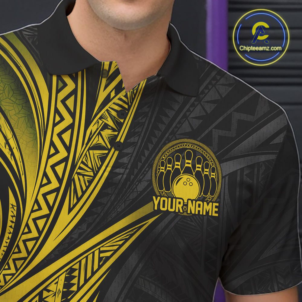 Custom Black And Gold Tribal Pattern Bowling Team Men Polo Shirt, Bowling League Shirt IPHW12478