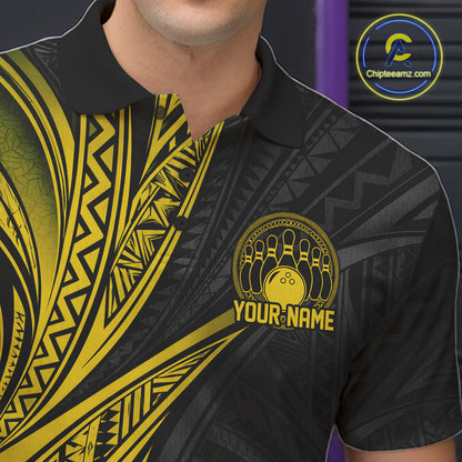 Custom Black And Gold Tribal Pattern Bowling Team Men Polo Shirt, Bowling League Shirt IPHW12478