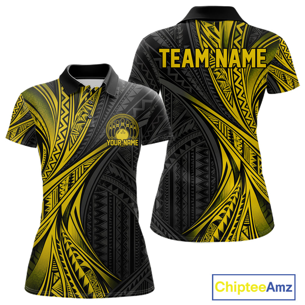 Custom Black And Gold Tribal Pattern Bowling Team Women Polo Shirt, Bowling League Shirt IPHW12478