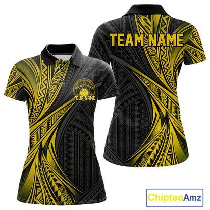 Custom Black And Gold Tribal Pattern Bowling Team Women Polo Shirt, Bowling League Shirt IPHW12478
