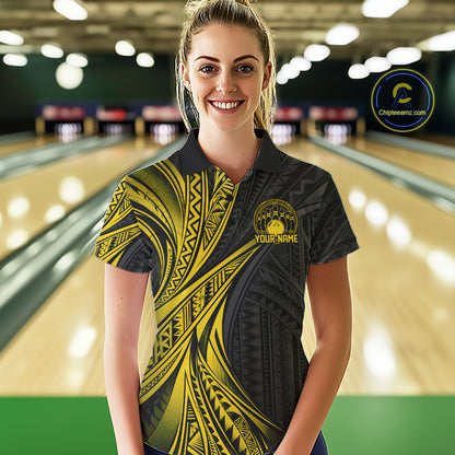 Custom Black And Gold Tribal Pattern Bowling Team Women Polo Shirt, Bowling League Shirt IPHW12478