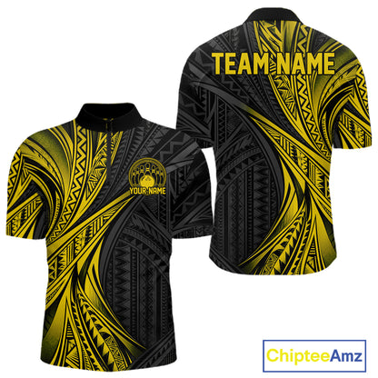 Custom Black And Gold Tribal Pattern Bowling Team Men Quarter Zip Shirt, Bowling League Shirt IPHW12478