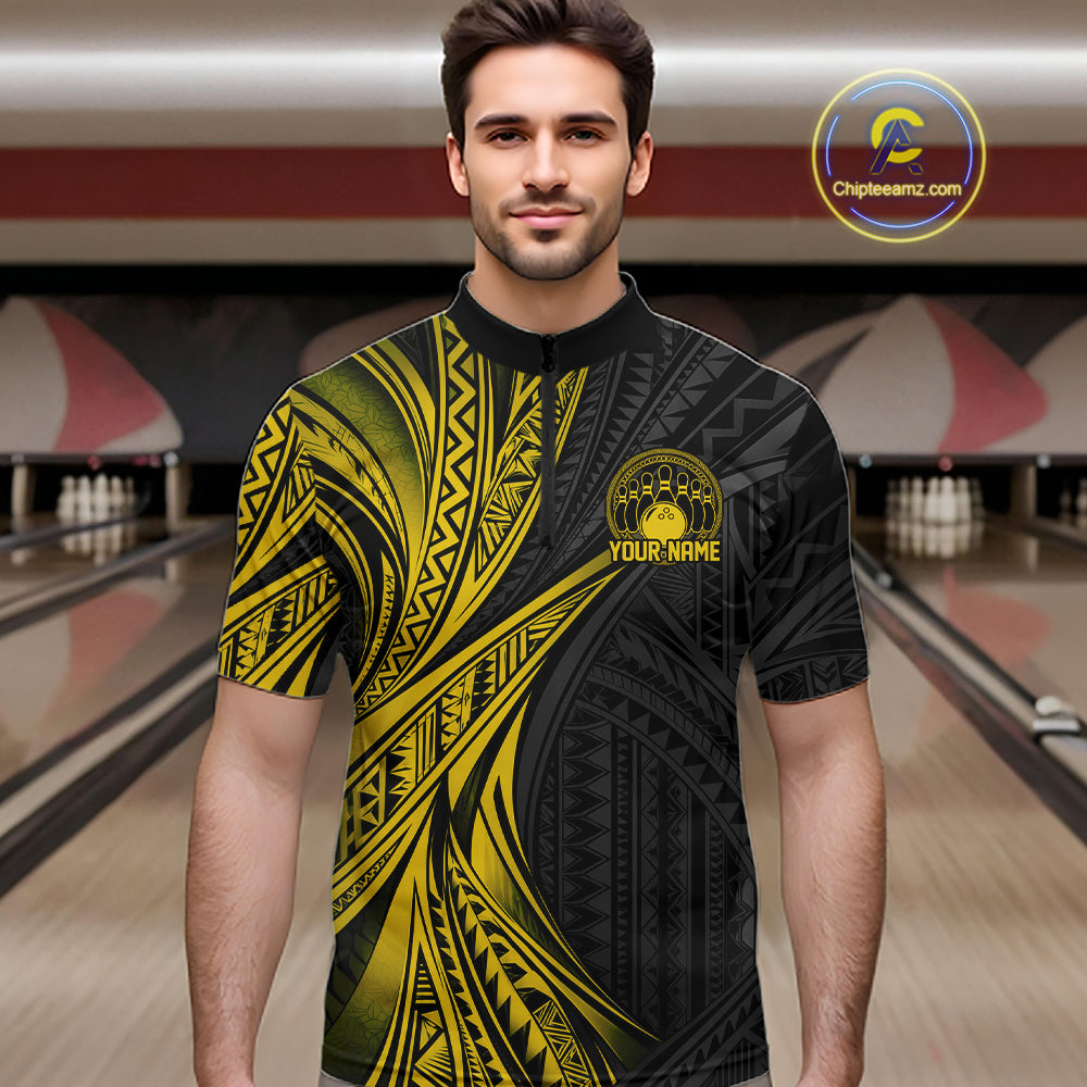 Custom Black And Gold Tribal Pattern Bowling Team Men Quarter Zip Shirt, Bowling League Shirt IPHW12478