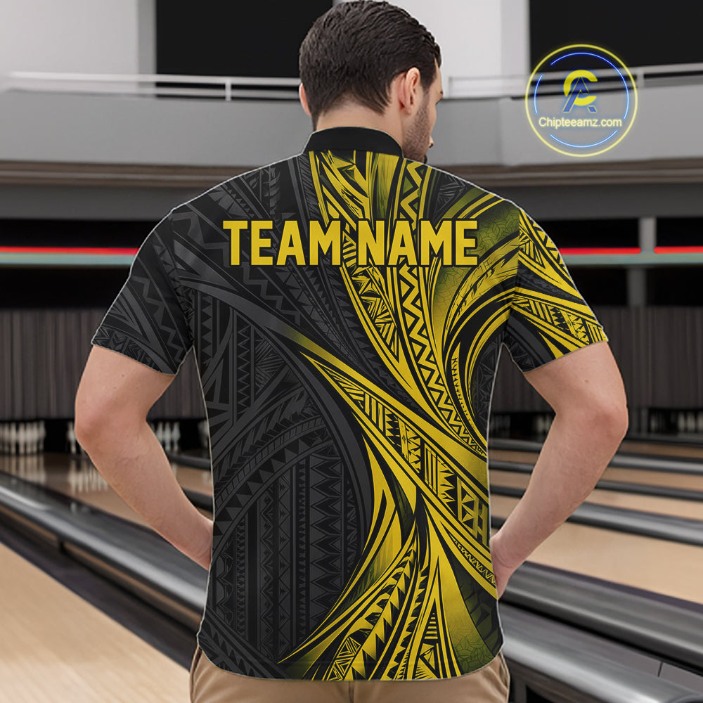 Custom Black And Gold Tribal Pattern Bowling Team Men Quarter Zip Shirt, Bowling League Shirt IPHW12478
