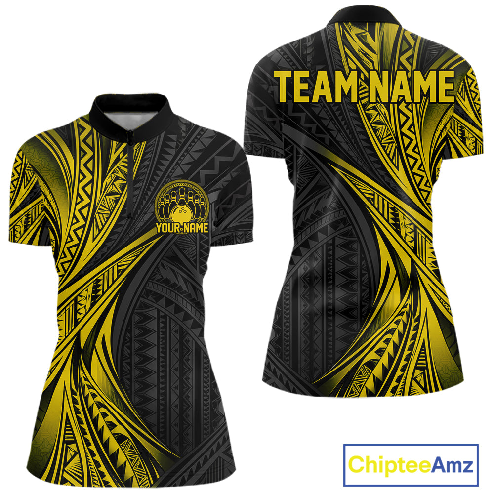 Custom Black And Gold Tribal Bowling Team Women Quarter-Zip Shirt, Bowling League Shirt IPHW12478