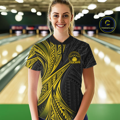 Custom Black And Gold Tribal Bowling Team Women Quarter-Zip Shirt, Bowling League Shirt IPHW12478
