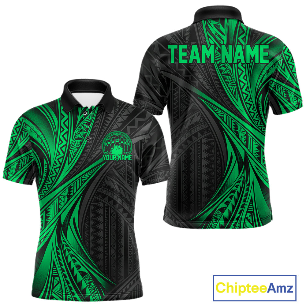 Custom Black And Green Tribal Pattern Bowling Team Men Polo Shirt, Bowling League Shirt IPHW12479