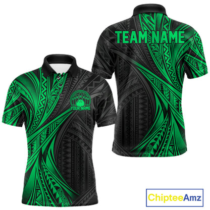 Custom Black And Green Tribal Pattern Bowling Team Men Polo Shirt, Bowling League Shirt IPHW12479