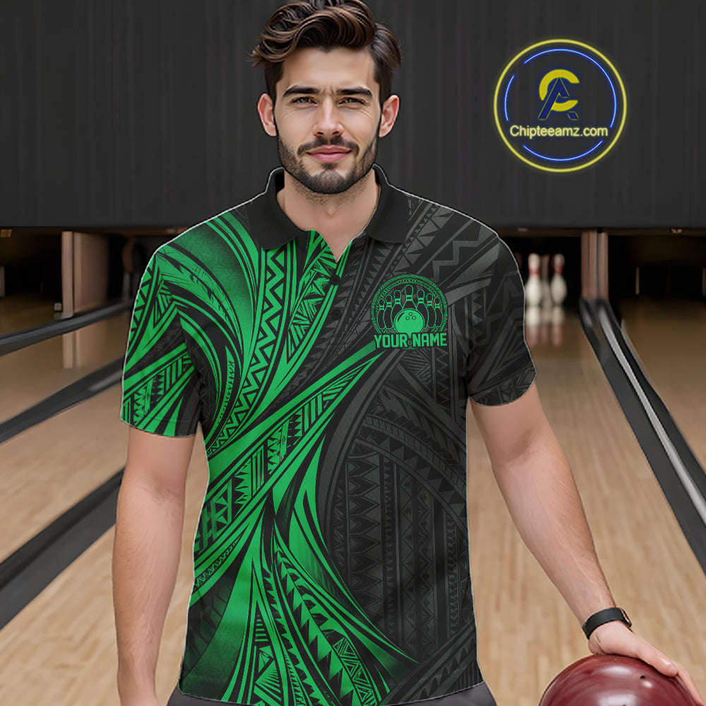 Custom Black And Green Tribal Pattern Bowling Team Men Polo Shirt, Bowling League Shirt IPHW12479