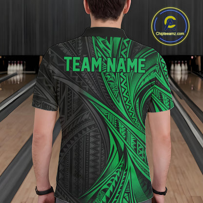 Custom Black And Green Tribal Pattern Bowling Team Men Polo Shirt, Bowling League Shirt IPHW12479