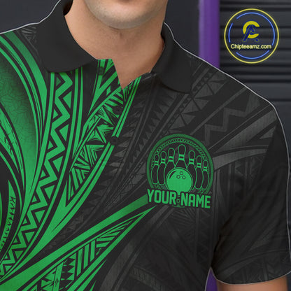 Custom Black And Green Tribal Pattern Bowling Team Men Polo Shirt, Bowling League Shirt IPHW12479