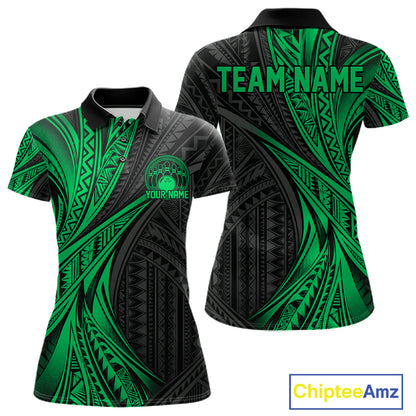 Custom Black And Green Tribal Pattern Bowling Team Women Polo Shirt, Bowling League Shirt IPHW12479