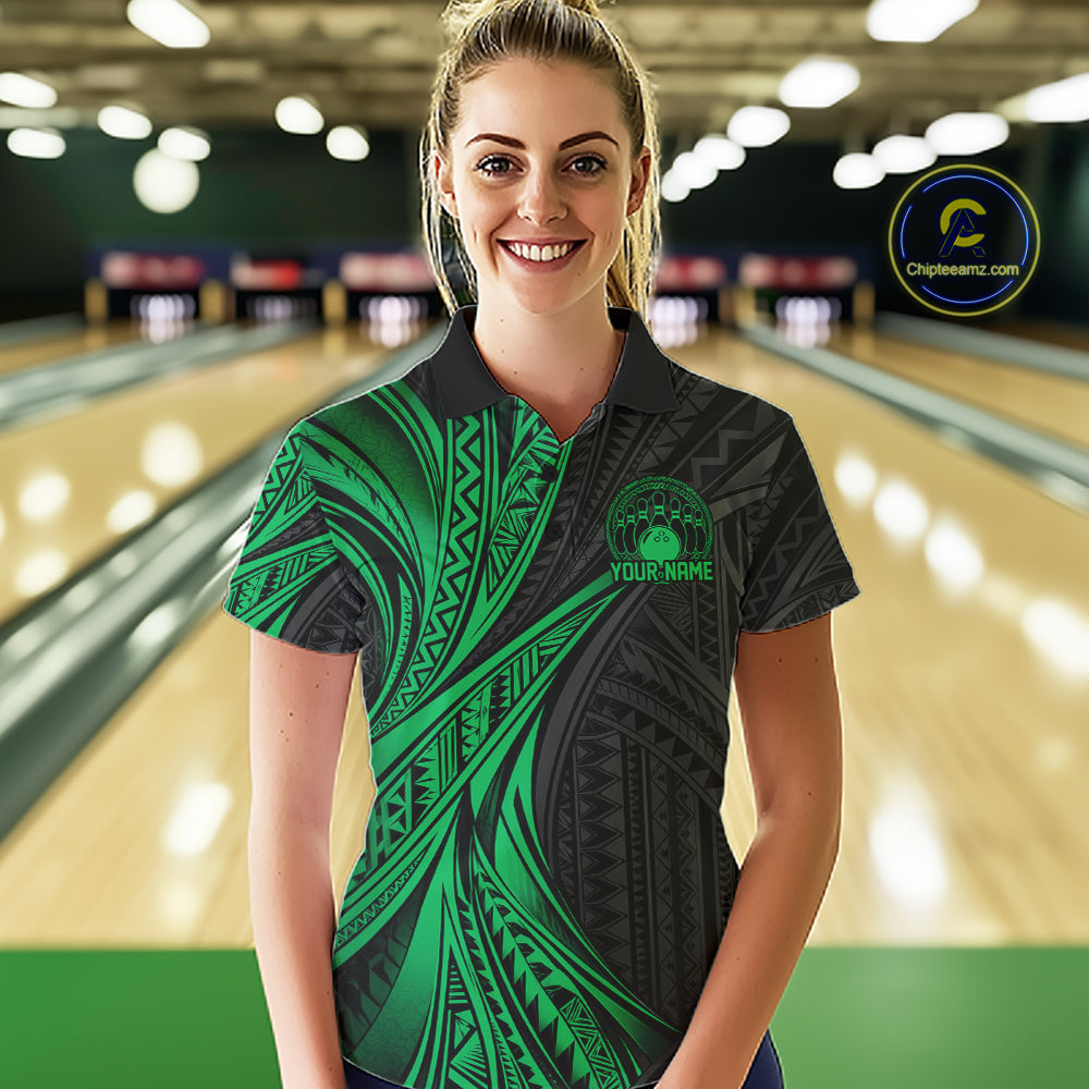 Custom Black And Green Tribal Pattern Bowling Team Women Polo Shirt, Bowling League Shirt IPHW12479