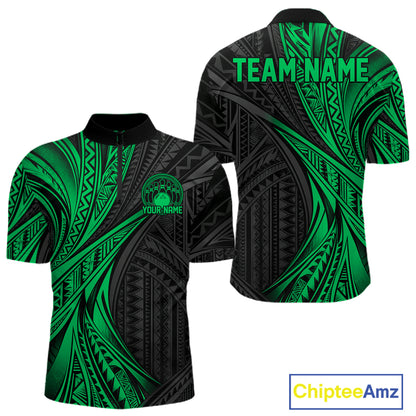Custom Black And Green Tribal Pattern Bowling Team Men Quarter Zip Shirt, Bowling League Shirt IPHW12479