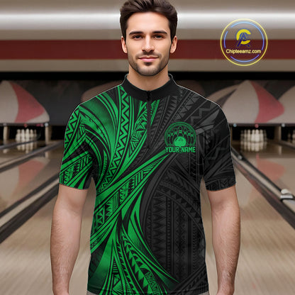 Custom Black And Green Tribal Pattern Bowling Team Men Quarter Zip Shirt, Bowling League Shirt IPHW12479