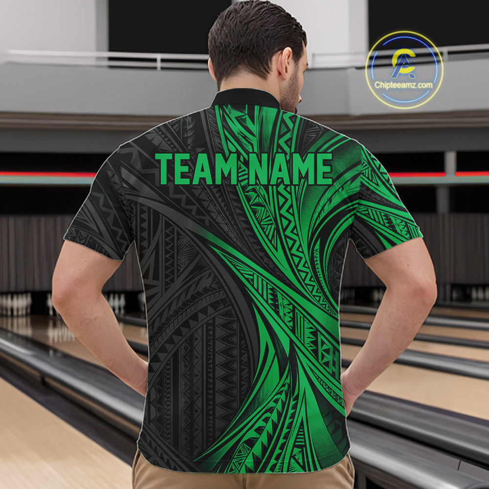 Custom Black And Green Tribal Pattern Bowling Team Men Quarter Zip Shirt, Bowling League Shirt IPHW12479