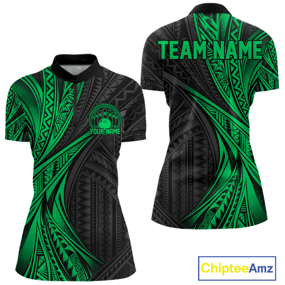 Custom Black And Green Tribal Bowling Team Women Quarter-Zip Shirt, Bowling League Shirt IPHW12479