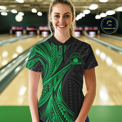 Custom Black And Green Tribal Bowling Team Women Quarter-Zip Shirt, Bowling League Shirt IPHW12479