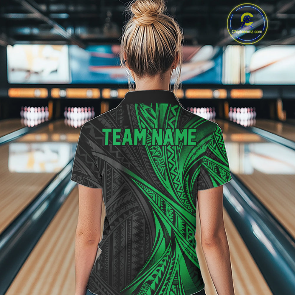 Custom Black And Green Tribal Bowling Team Women Quarter-Zip Shirt, Bowling League Shirt IPHW12479