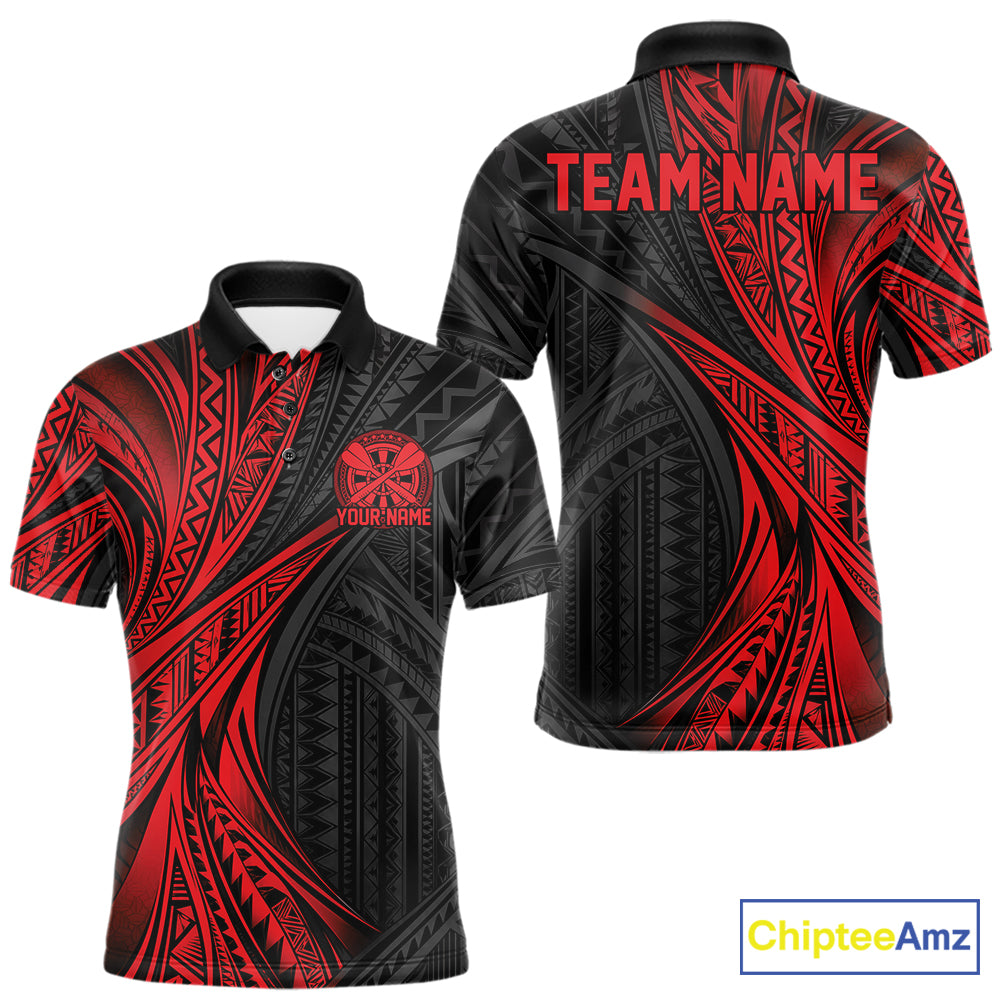 Custom Black And Red Tribal Pattern Dart Team Men Polo Shirt, Dart League Shirt IPHW12480