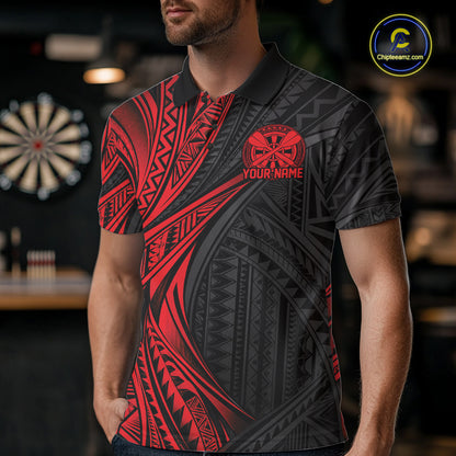 Custom Black And Red Tribal Pattern Dart Team Men Polo Shirt, Dart League Shirt IPHW12480