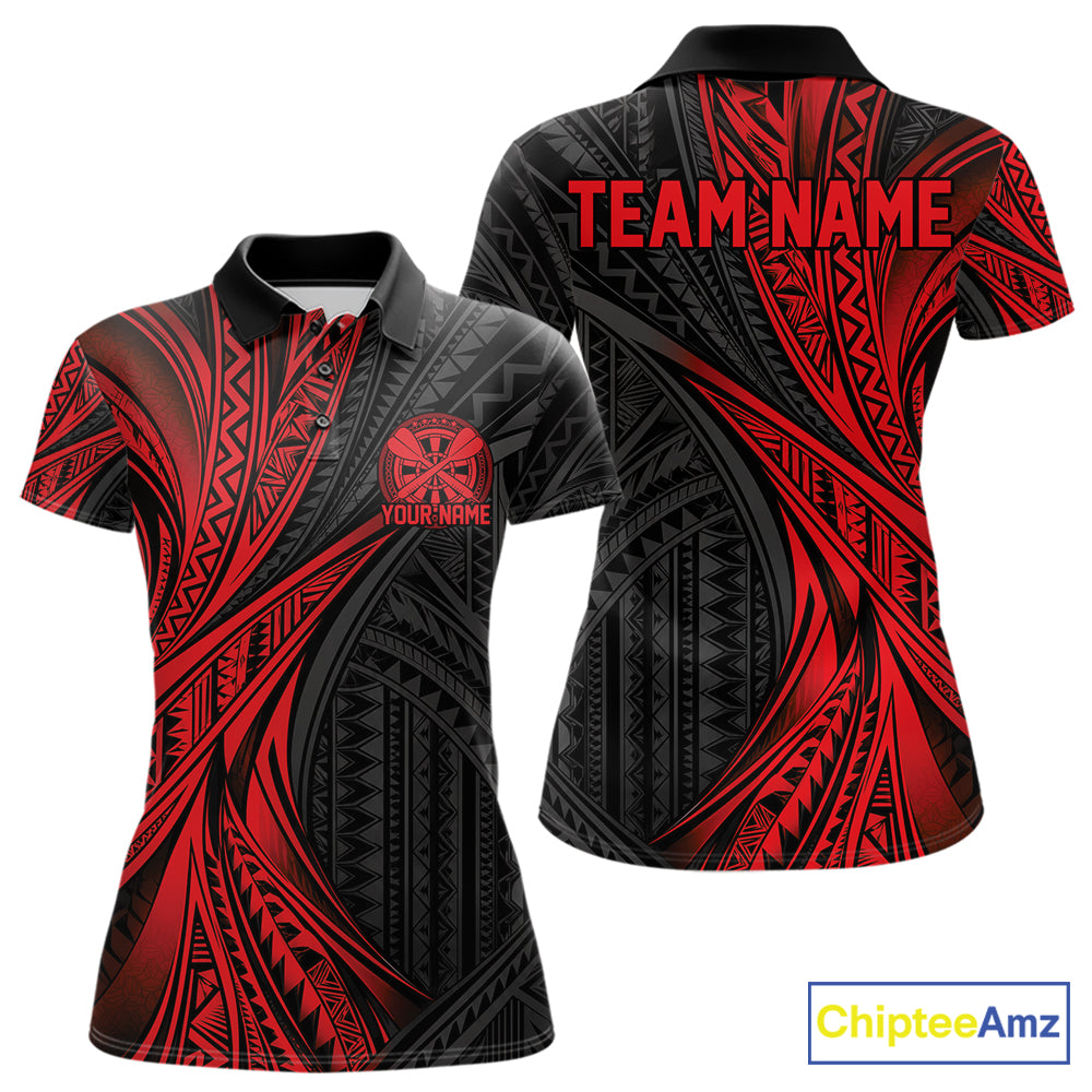 Custom Black And Red Tribal Pattern Dart Team Women Polo Shirt, Dart League Shirt IPHW12480