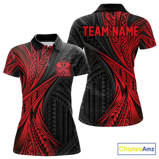 Custom Black And Red Tribal Pattern Dart Team Women Polo Shirt, Dart League Shirt IPHW12480