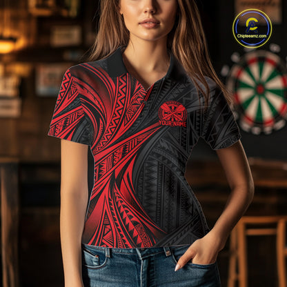 Custom Black And Red Tribal Pattern Dart Team Women Polo Shirt, Dart League Shirt IPHW12480